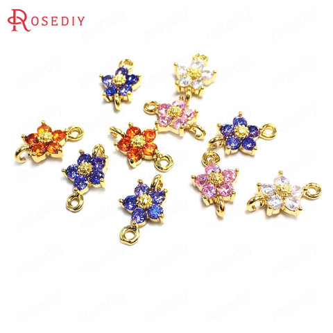 10PCS Flower 8MM 24K Champagne Gold Color Brass and Zircon 2 Holes Flower Connect Charms Pendants Jewelry Making Supplies ► Photo 1/6