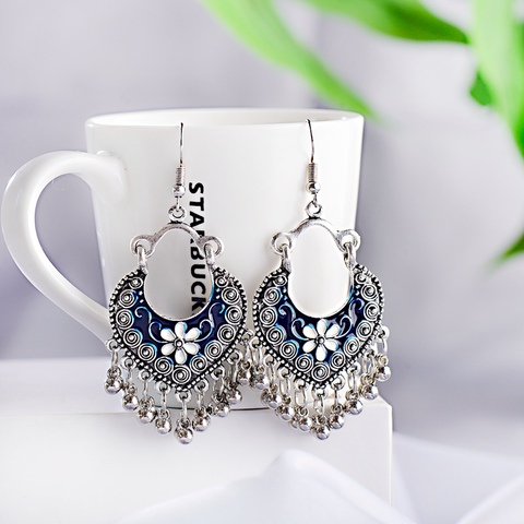 Boho Gypsy Tassel Indian Drop Earrings 2022 Women Orecchini Jewelry Ladies Retro Blue Flower Silver Color Jhumka Earrings ► Photo 1/6