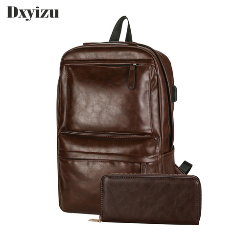 Business Casual Backpacks Travel 2 Bags Black PU Leather Men's Shoulder Bags Teenage Backpack Men USB Charging Anti Theft ► Photo 1/6