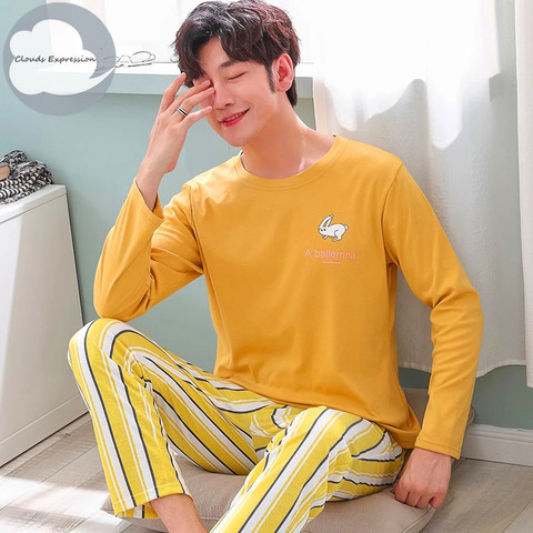 Brand Autumn Men's Cotton Pajamas Letter Striped Sleepwear Cartoon Pajama Sets Casual Lounge Suits Pyjamas Plus Size 3XL Pijama ► Photo 1/6