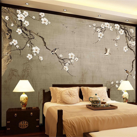 Vintage Wallpaper 3D Hand-painted Chinese Style Plum Blossom Flower Bird Photo Wall Mural Living Room TV Sofa Backdrop Wallpaper ► Photo 1/6
