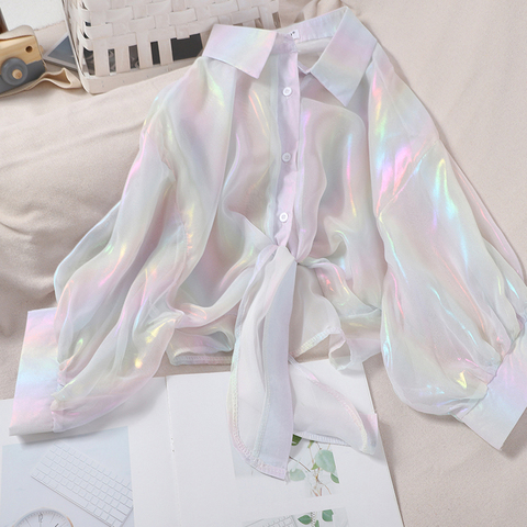 HELIAR Chiffon Blouse Spring Women Long Sleeve Elegant Sparkles Tops Women Casual Sexy Transparent Button Up Shirts For Women ► Photo 1/6