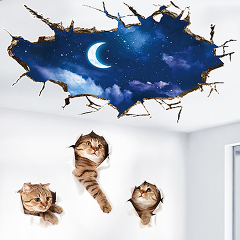 Night Moon Cats 3D Wall Stickers Fashion Sky Home Decor for Kids Room Creative Hole View Wall Decals Bedroom Decoration ► Photo 1/6