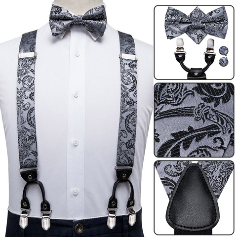 Hi-Tie Vintage Silk Men's Suspender Set Fashion Gold Floral Suspender and Bow Tie Set Leather Metal 6 Clips Suspender Braces ► Photo 1/6