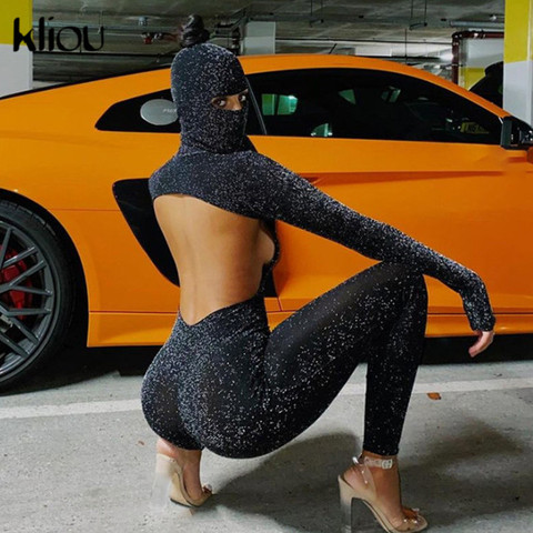 Kliou Shiny Outstanding Bodycon Hooded Jumpsuit Women Long Sleeve Sexy Backless Fashion Streetwear Skinny Slim Female Overoll ► Photo 1/6