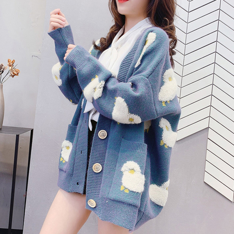 Cute Sheep Women Knitted Cardigan Batwing Sleeve Loose Casual Sweater Girls Pockets V Neck Spring Fall Outwear Top Cloth ► Photo 1/6