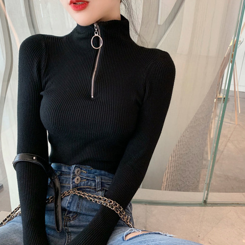 New Winter Women's Sweaters Zipper Turtleneck Pullover Women Long Sleeve Top Black Knitted Sweater Female Korean Clothes 2022 ► Photo 1/6