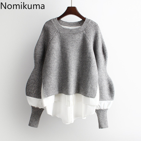 Nomikuma 2022 Autumn Winter Knitted Women Pullover Sweater Causal Patchwork Long Sleeve O-neck Pull Femme Korean Jumpers 6B728 ► Photo 1/6