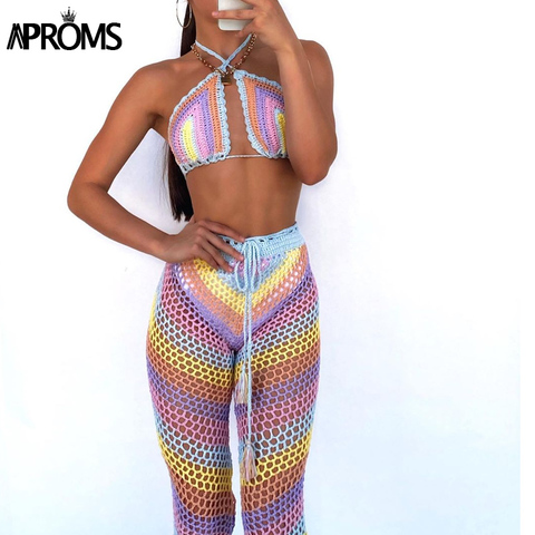 Aproms Elegant Colorful Cotton Blend Crochet 2 Piece Set Women 2022 Summer Festival Stretch Top and Pants Beach Outfit Coverup ► Photo 1/6