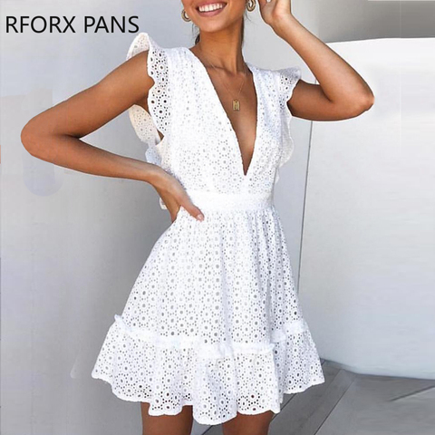 Women Butterfly Sleeve V-neck Frill Hem Hollow Out Lace Casual Dress  Bodycon Sexy Party Dress ► Photo 1/3