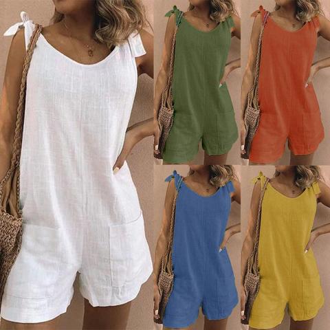 2022 summer Women's Jumpsuit Solid Color Sleeveless Adjustable Straps Pockets Loose Jumpsuit Dungarees Short Pants Jumpsuits ► Photo 1/6