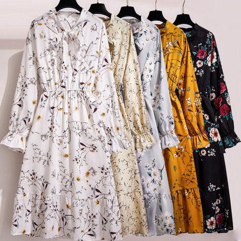 Women Floral Chiffon Dress Autumn Winter Long Sleeve Elastic Waist Bow Collar Casual Elegant Party Office Dresses Vestidos ► Photo 1/6