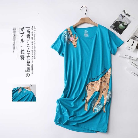 Ladies Loose Large Size Sleep Dress Cartoon Giraffe Printed Summer New Comfort Cotton Short Sleeve Homewear Dress Casual Wear ► Photo 1/5