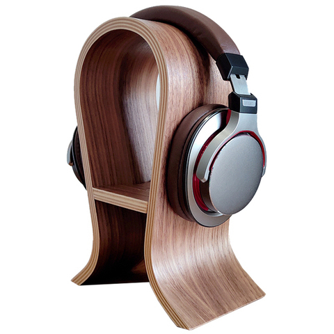 Headset Stand for Office Desk Gaming Headphone Display Holder Hanger Wooden Walnut with Cellphone Holder, 10cm/ 12cm Width ► Photo 1/4