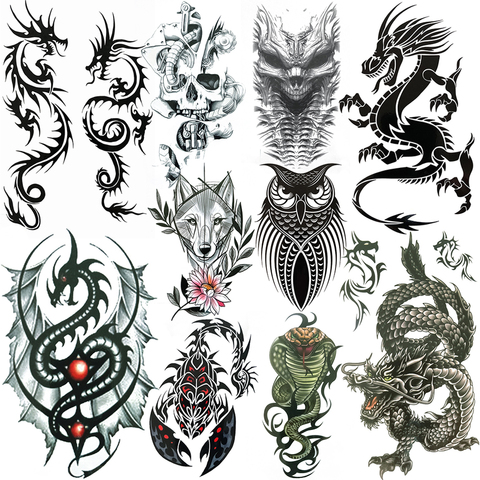 Black Animal Temporary Tattoo Dragon Snake Owl Wolf Fake Tattoo Sticker Evil Death Skull Demon Arm Tattoo For Women Men Children ► Photo 1/6