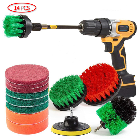 14PCs Electric Drill Brush Set, Scrub Pads & Sponge, Power Scrubber Brush Cleaning Kit with Scrub Pads & Drill bit Extender ► Photo 1/6