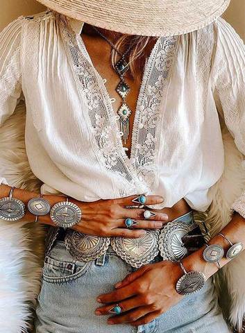 AYUALIN long sleeve white floral lace V-neck Blouses cotton Shirt Casual autumn blouse high quality Women boho Clothing blusas ► Photo 1/6