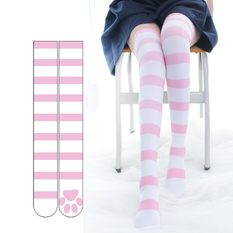 Cosplay Over Knee Socks Pink Strip Kawaii Cat Paw Print Stockings Lolita Gothic Velvet Overknee Thigh High Long Stockings ► Photo 1/6