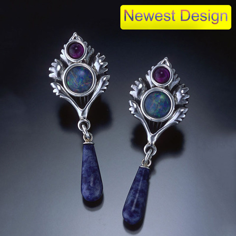 New Long Teardrop Dark Blue Stone Earrings Fantasy Jewelry Fire Opal Purple Red Beads Metal Leaf Scepter Earrings ► Photo 1/6