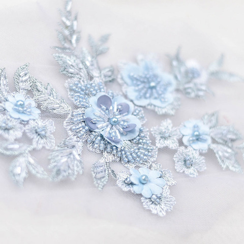 Fashion elegant beads embroidery flower lace appliques for wedding dress Blue embroidered floral patches for clothes big parches ► Photo 1/6
