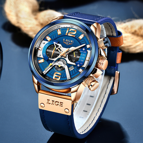 2022 LIGE Men Watches Top Brand Luxury Blue Leather Chronograph Sport Watch For Men Fashion Date Waterproof Clock Reloj Hombre ► Photo 1/6