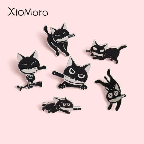 Black Punk Cats with Knife Enamel Pins Fashion Killer Brooches Lapel Badges Wholesale Cute Pin Jewelry Gifts for Friends ► Photo 1/6