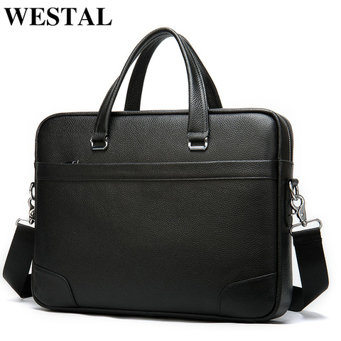 WESTAL 100% men's leather bag business totes men handbags genuine leather laptop bags 14 black computer bags for document 9802 ► Photo 1/6