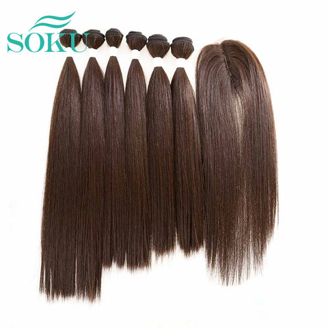 Straight Synthetic Hair Weave 6 Bundles With Small Lace Closure 14-18 inch SOKU Yaki Hair Weaves Bundle Brown Weft Extension ► Photo 1/1