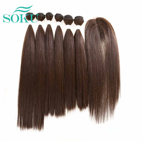 Straight Synthetic Hair Weave 6 Bundles With Small Lace Closure 14-18 inch SOKU Yaki Hair Weaves Bundle Brown Weft Extension ► Photo 1/1
