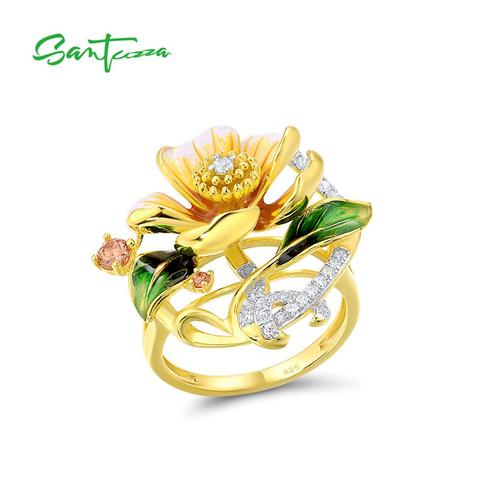 SANTUZZA Silver Rings For Women Genuine 925 Sterling Silver Glamorous Yellow Flower Charming Trendy Fine Jewelry Handmade Enamel ► Photo 1/6