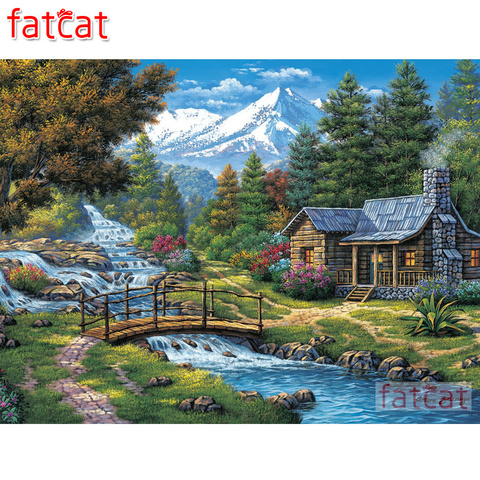 FATCAT 5d diy diamond painting Snow mountain river waterfall hut scenery full square round drill diamond embroidery sale AE2257 ► Photo 1/6