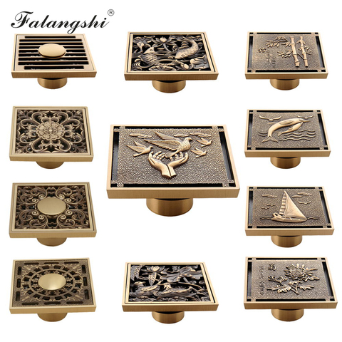 Copper Brass Floor Drains 10cm Square Flower Art Carved Toilet Drain Cover Invisible Anti-Odor Drain Strainer WB9004 ► Photo 1/6