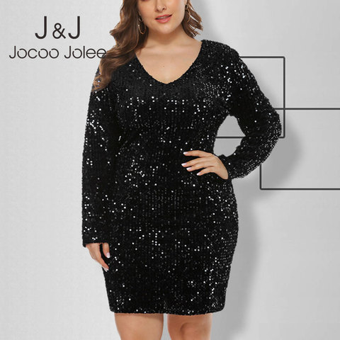 Jocoo Jolee Plus Size 5XL Sequin Dress Spring Long Sleeve Bodycon Dress Sexy Slim Mini Dress Fashion Vintage Club Party Dress ► Photo 1/6