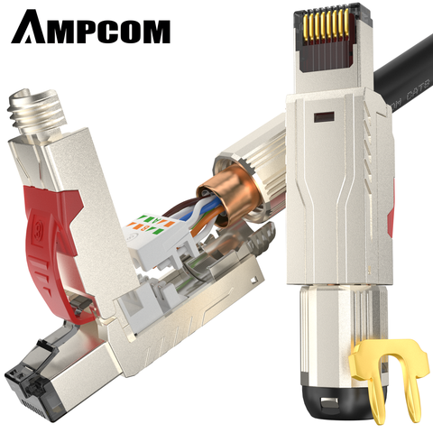 AMPCOM Cat8 Shielded Modular Plug - Field Termination Tool-Free 40G 2Ghz, 22-24AWG - (Fits Cat7A & Cat8 Cable) ► Photo 1/6