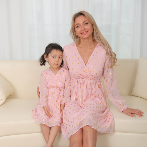 Spring Mother Daughter Macthing Dresses Family Set Sequin Mom Baby Mommy and Me Clothes Long Sleeve V-neck Women & Girls Dress ► Photo 1/6
