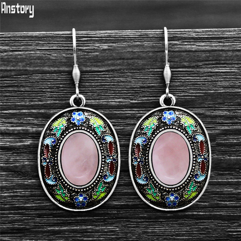 Vintage Oval Quartz Lapis Earrings For Women Bohemia Painting Craft Flower Plant Natural Stone Stainless Steel Hook Earring ► Photo 1/6