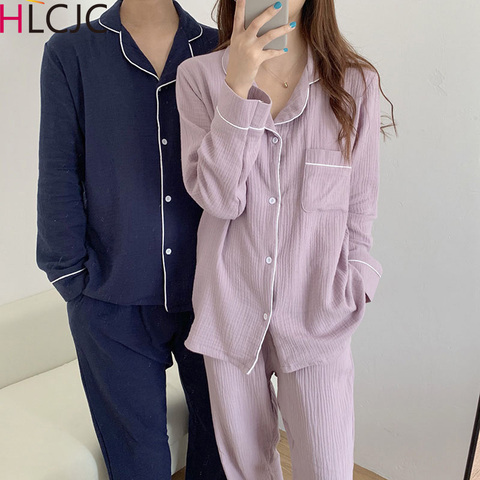 Newest Men and Women 100% Cotton Solid Pajamas Plus Size Loose Pijama Mujer Sleepwear Couple Sleepwear Household women's Wear ► Photo 1/6