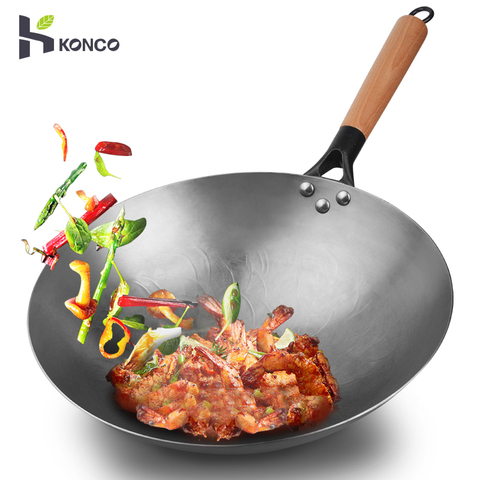 Konco Handmade Wok Smokless Cookware Uncoated Iron Pot Frying Pan Non-Stick Chinese Cast Iron Wok  kitchen Pot skillet ► Photo 1/6
