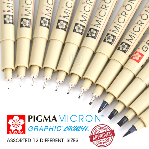 Sakura Pigma Micron Black 003 005 01 02 03 04 05 08 Graphic 1 Brush 10 Pen  Set
