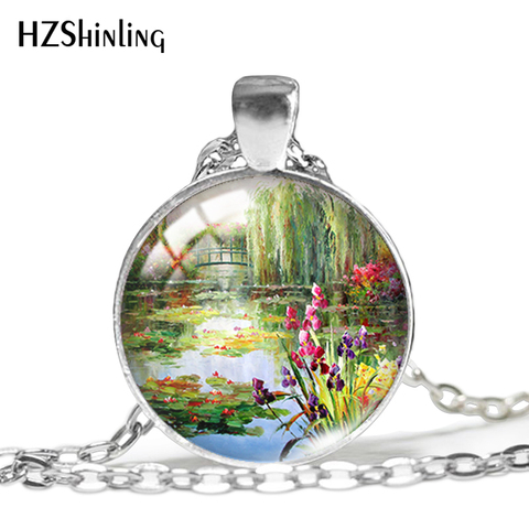 2022 New Water Lily Pendant Necklace Monet Flower Painting Pendants Jewelry 25mm Round Glass Dome Necklaces ► Photo 1/6