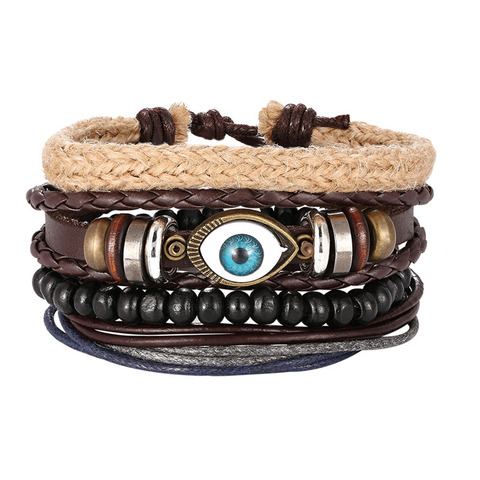 Mix 3/4Pcs/ Set Bracelets & Bangles Mens Leather Bracelets 2022 Vintage Wooden Beads Ethnic Tribal Wristbands Bracelet Evil Eye ► Photo 1/6