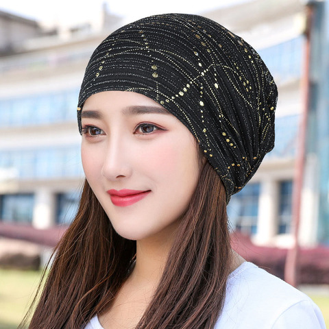 Women Summer Lace Rhinestone Breathable Sunscreen Sun Hat Female Fashion Spring Autumn Windproof Warm Black Cap Headscarf K39 ► Photo 1/6