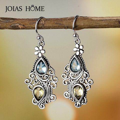 JoiasHome 925 Earrings Vintage Ethnic Blue Sea Topaz Creative Passion Flower Water Drop Pear Shaped Earrings ► Photo 1/6