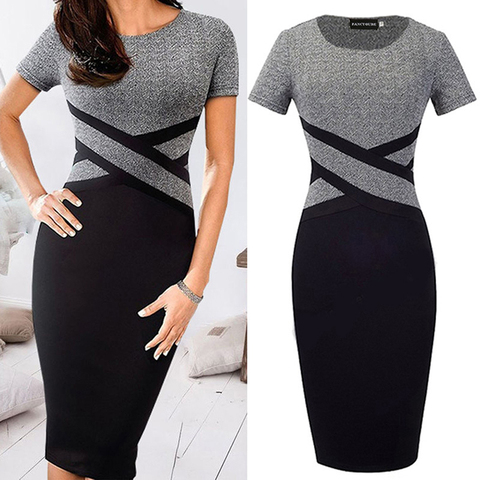 Sexy Slim Party Dress Women Short Sleeve O-neck Midi Dress Summer Vestidos Black Gray Patchwork Striped Bodycon Dress ► Photo 1/6