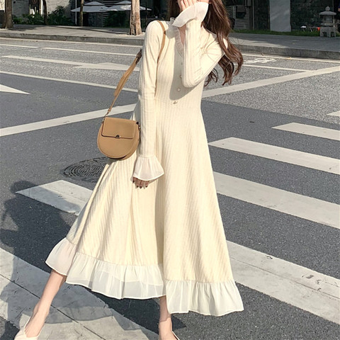 Buy Online Elegant Sweater Dress Women Long Sleeve V Neck Office Knitted Dress Female Vintage Lace One Piece Dress Korea Autumn Winter Alitools