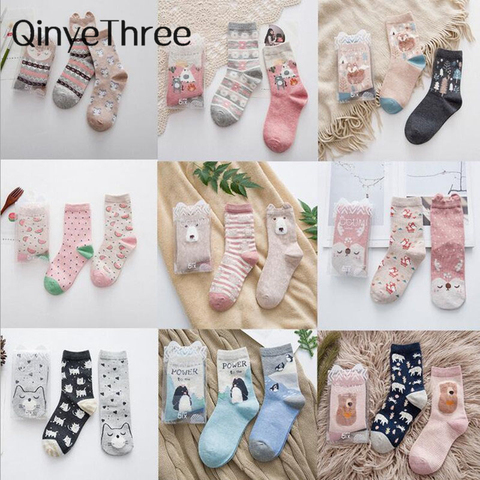 2pairs New Brand Winter Autumn Women Cotton Cartoon Socks Girls' Cute Warm Funny Animal Fruit Socks Christmas gifts meias ► Photo 1/6