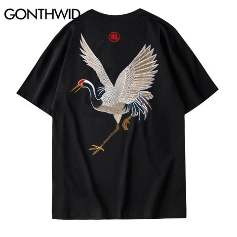 GONTHWID Harajuku Embroidery Crane Tees Shirts Mens 2022 Hip Hop Streetwear Tshirts Summer Fashion Casual Short Sleeve Tops Male ► Photo 1/6