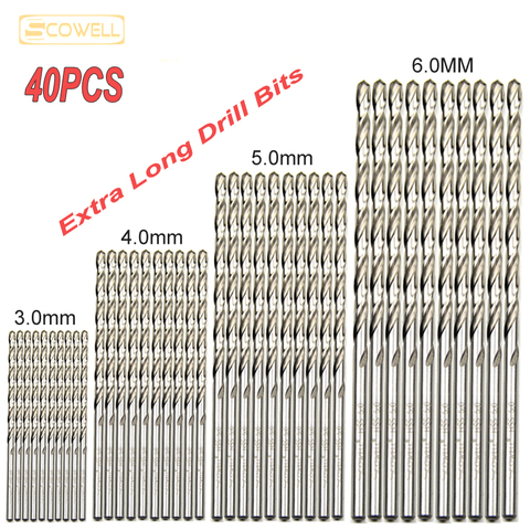 30% off 40pcs HSS Extra Long Drill Bits for wood metal 3mm,4mm5mm,6mm Ultra Length jobber drill bits for metal Wood drill Bits ► Photo 1/6