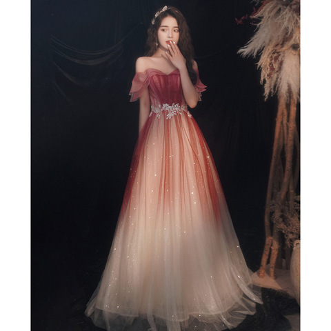 Burgundy Toast Dress Bride 2022 New Wedding Dress Looks Thin One-shoulder Evening Dress Skirt Female Banquet Temperament ► Photo 1/5