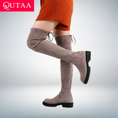 QUTAA 2022 Over The Knee Boots Stretch Flock Lace Up Casual Long Boots Square Heel Autumn Winter Round Toe Women Shoes Size34-43 ► Photo 1/6